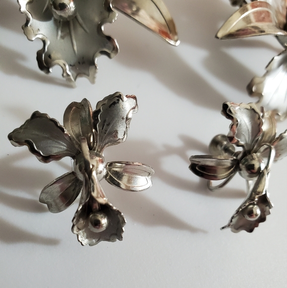 Coro Vintage 40's 50's orchid iris Parure set brooch earrings necklace silver - Picture 5 of 16